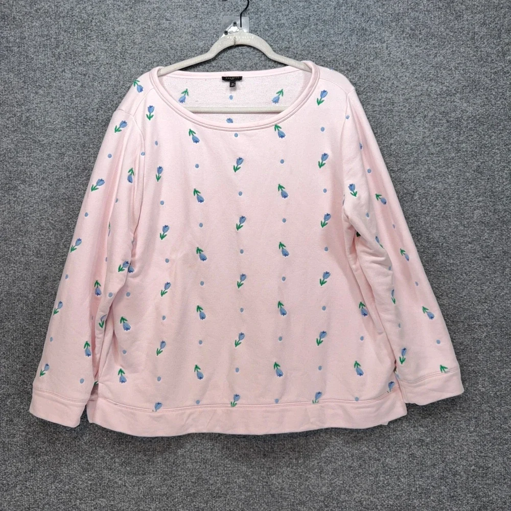 Talbots Sweatshirt Womens 1X Pink Floral Embroidered Crewneck Plus Size Fleece